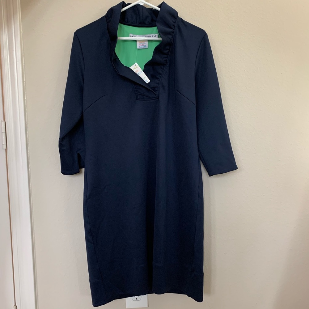 Gretchen Scott navy ruffle neck dress
